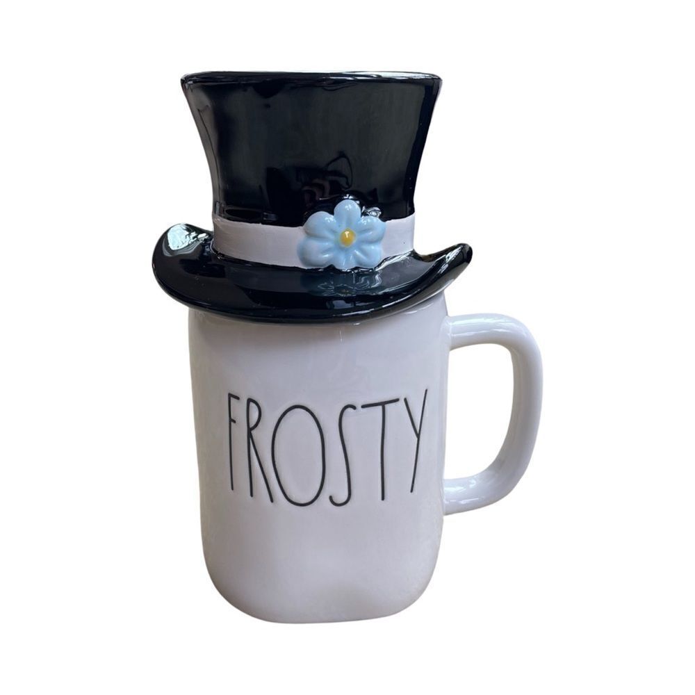 Rae Dunn Frosty the Snowman Mug w/TopHat Topper Black & White Ceramic Gloss NWOT